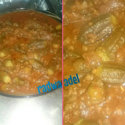  البامية باللحمة المفرومة والكزبرة 